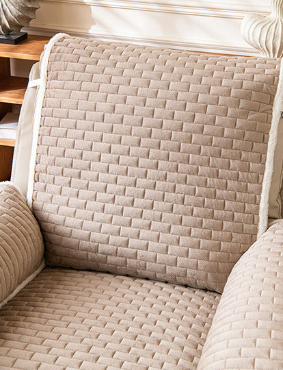 Khaki plush recliner cover close up