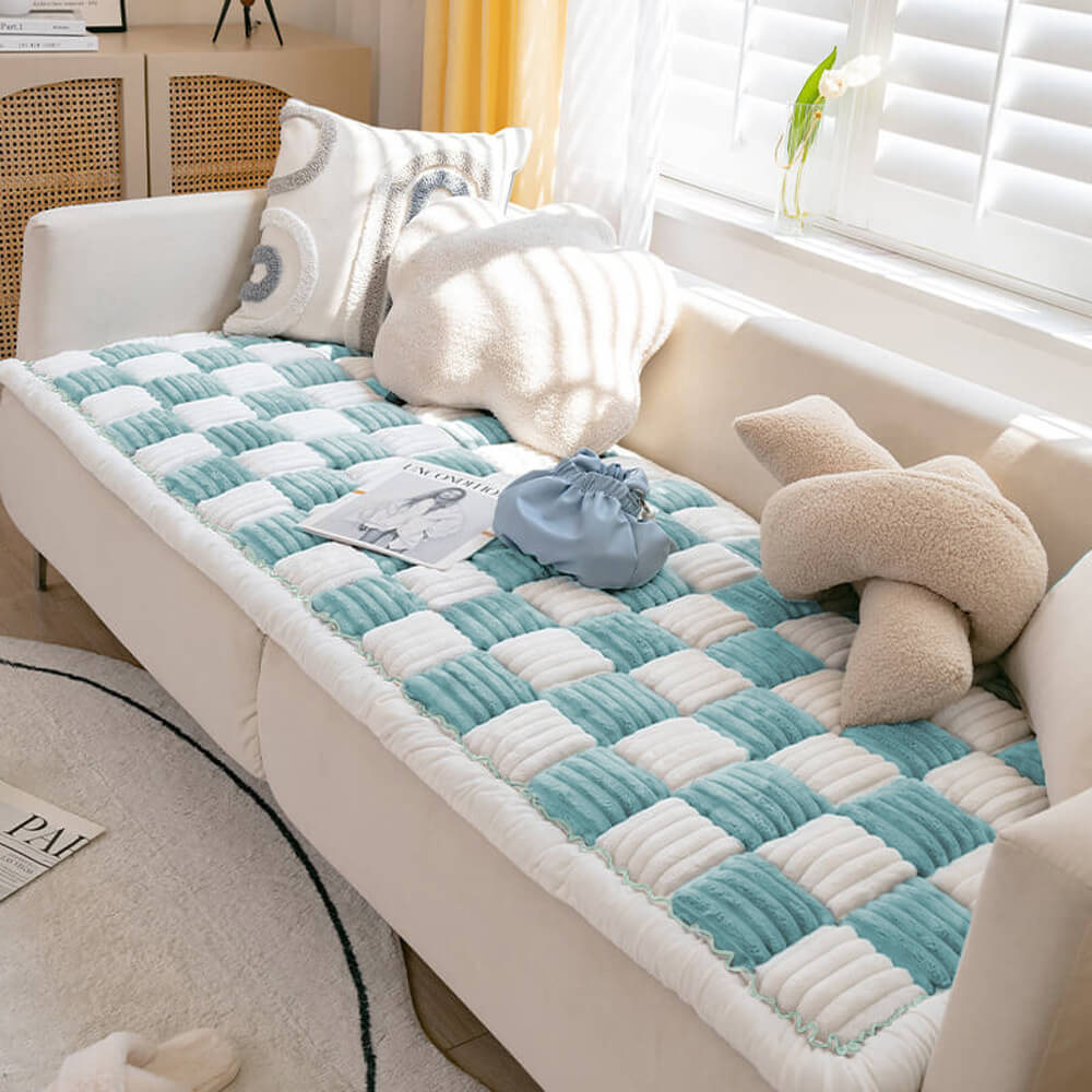 Cream-Colored Large Plaid Square Fuzzy Pet Mat - Multi-Use Bed and Couch Cover
