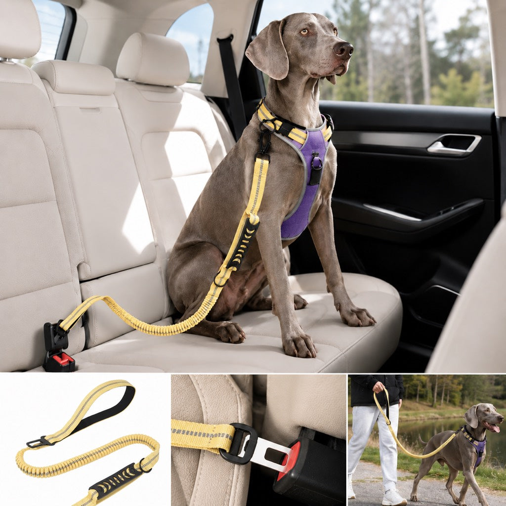 Dog Seat Belt Leash for Car, Reflective Bungee Tether