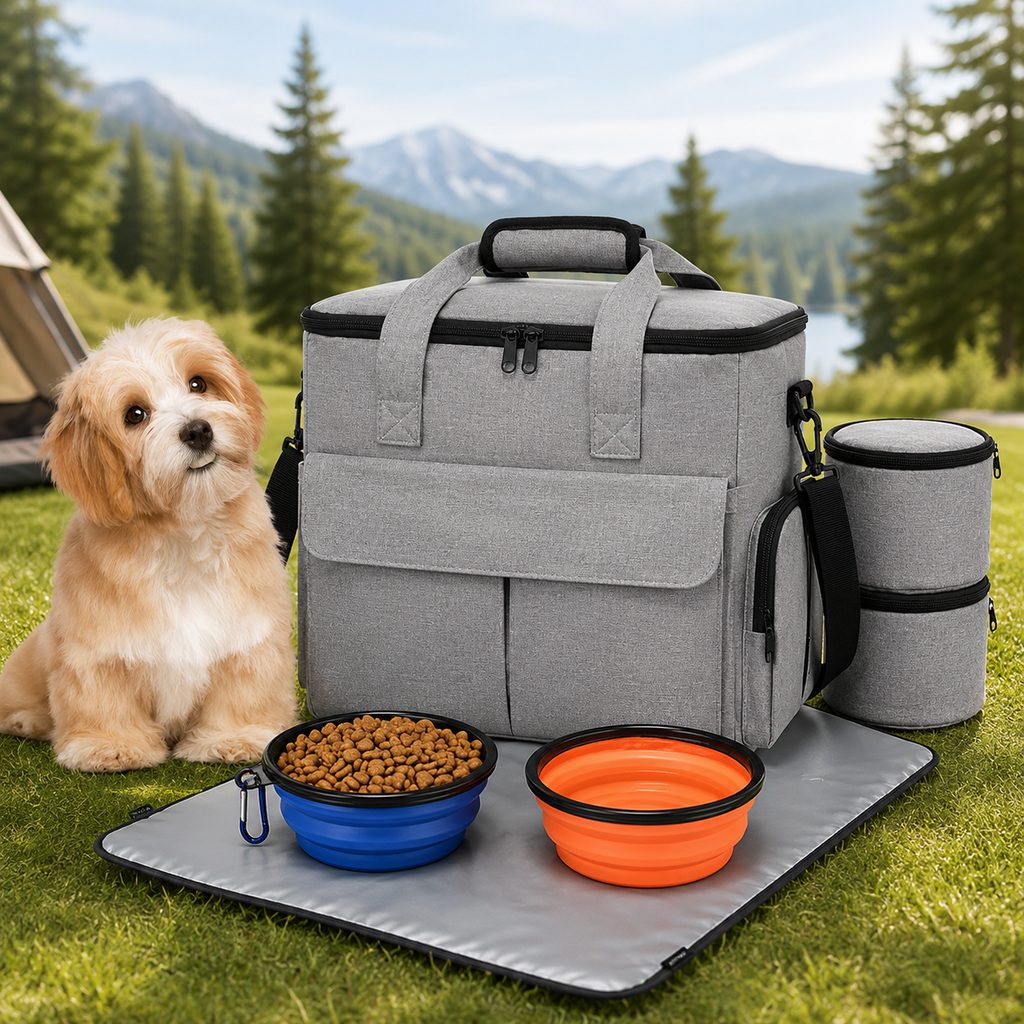 Dog Travel Bag with Collapsible Bowls, Road Trip Organizer