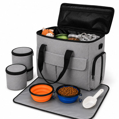 Dog Travel Bag with Collapsible Bowls, Road Trip Organizer