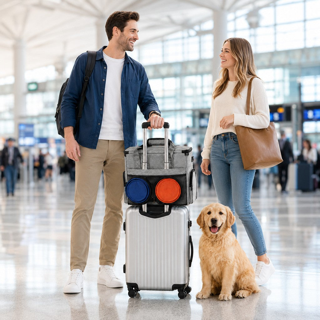 Dog Travel Bag with Collapsible Bowls, Road Trip Organizer