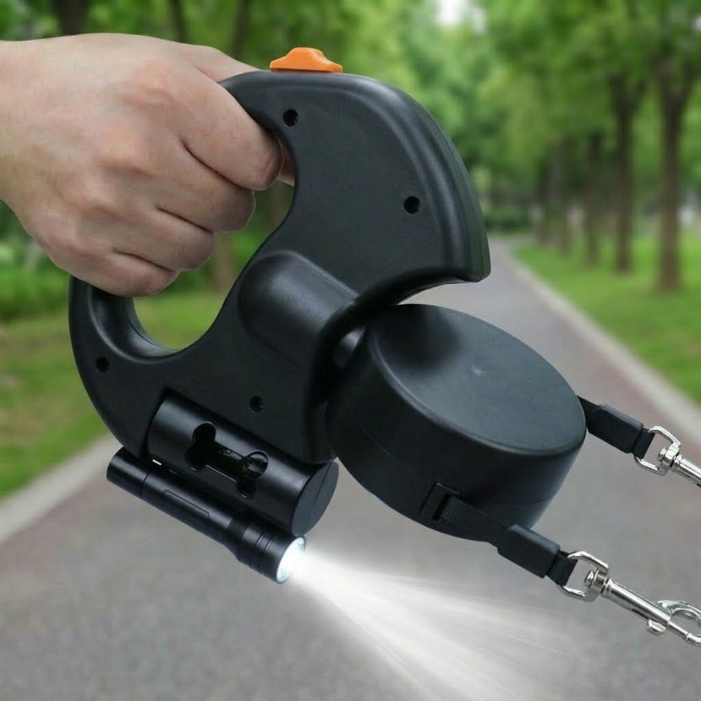 Dual Retractable Dog Leash for 2 Dogs, Tangle-Free with LED Light & Poop Bag Holder