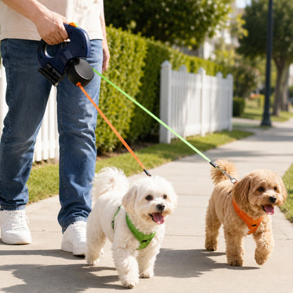 Dual Retractable Dog Leash for 2 Dogs, Tangle-Free with LED Light & Poop Bag Holder