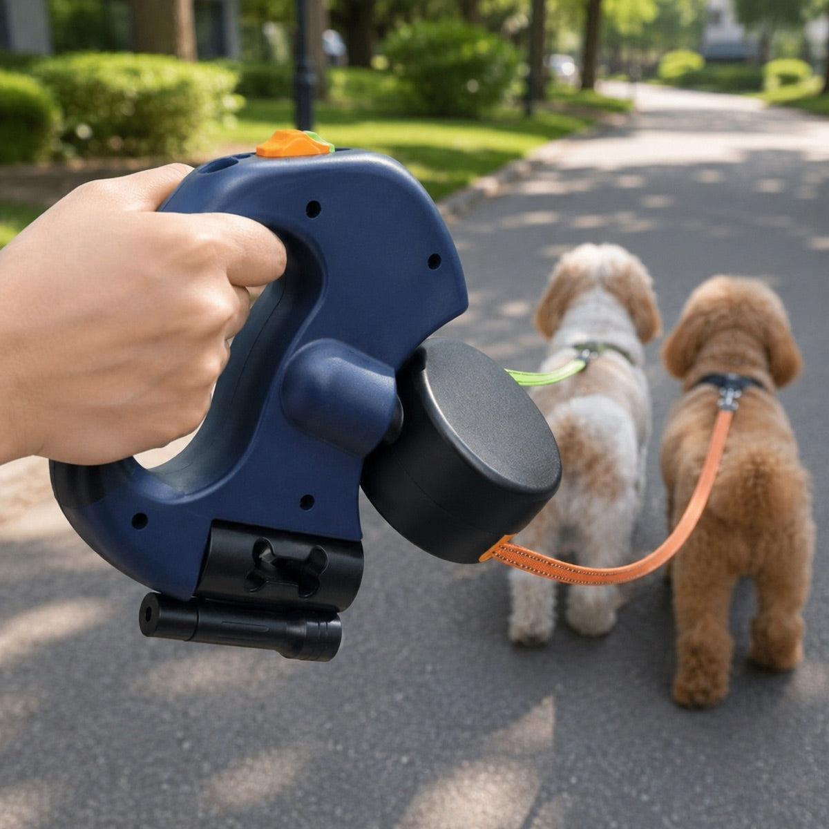 Dual Retractable Dog Leash for 2 Dogs, Tangle-Free with LED Light & Poop Bag Holder