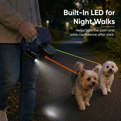 Dual Retractable Dog Leash for 2 Dogs, Tangle-Free with LED Light & Poop Bag Holder