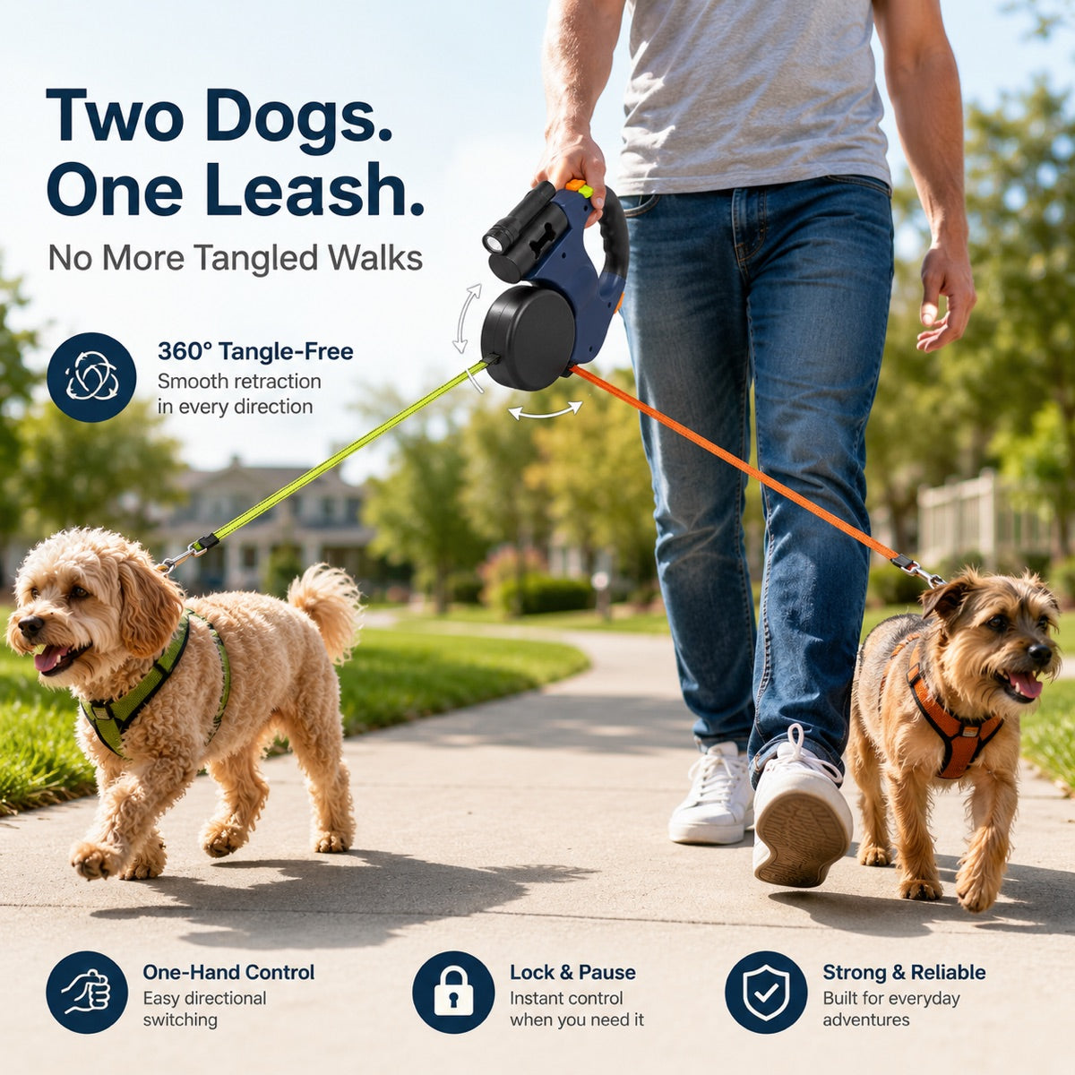 Dual Retractable Dog Leash for 2 Dogs, Tangle-Free with LED Light & Poop Bag Holder