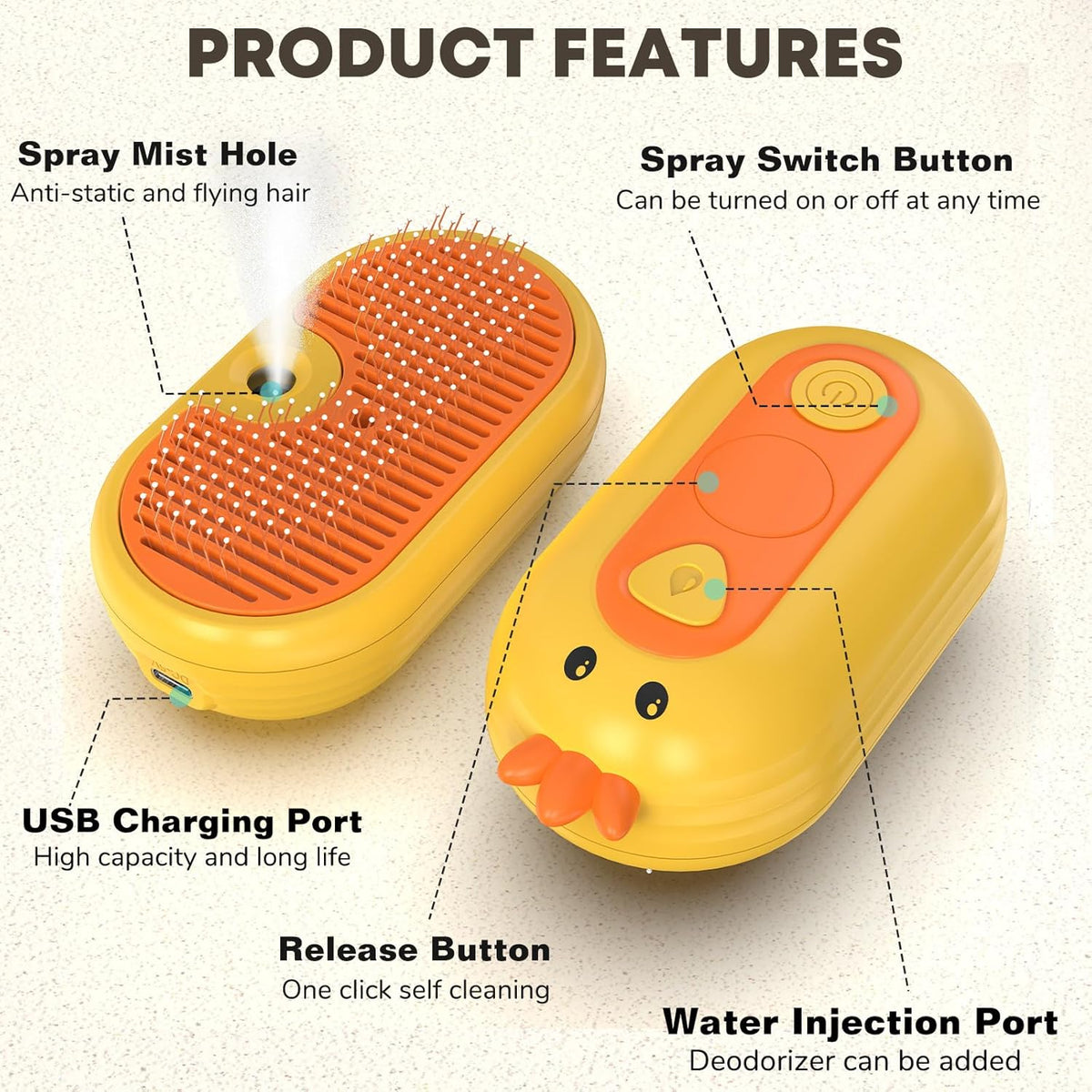2-in-1 Spray Pet Grooming Brush | Anti-Static Detangling Ducky Brush for Cats & Dogs