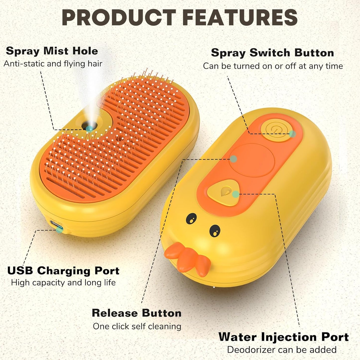 2-in-1 Spray Pet Grooming Brush | Anti-Static Detangling Ducky Brush for Cats & Dogs