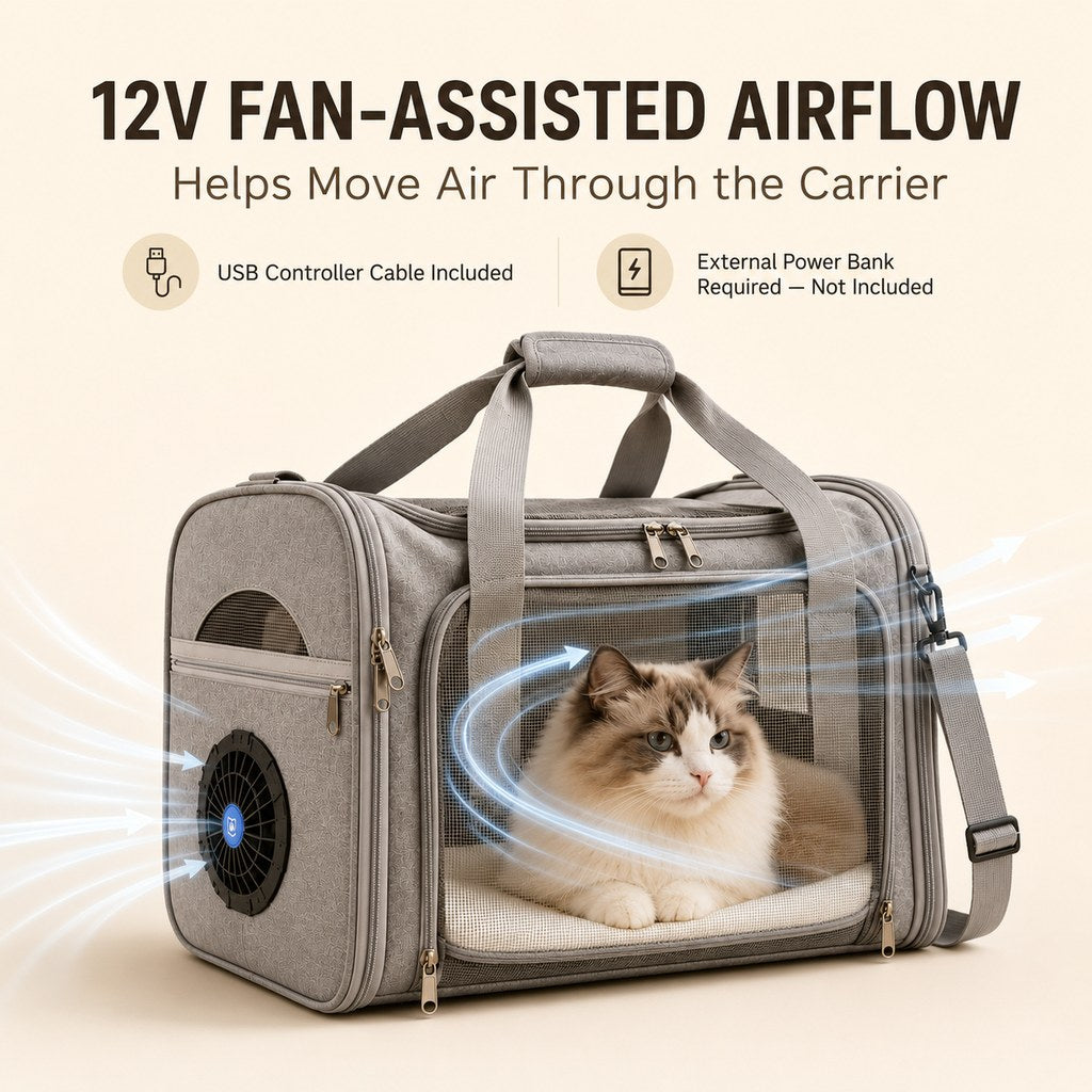 Cat Carrier with Fan for Vet Visits & Road Trips, Soft Sided