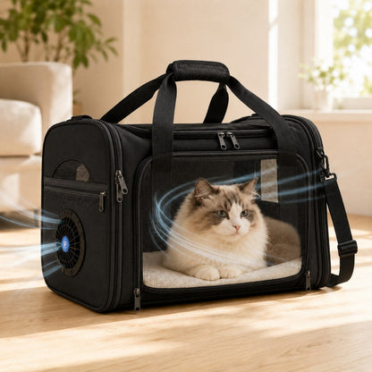 Cat Carrier with Fan for Vet Visits & Road Trips, Soft Sided