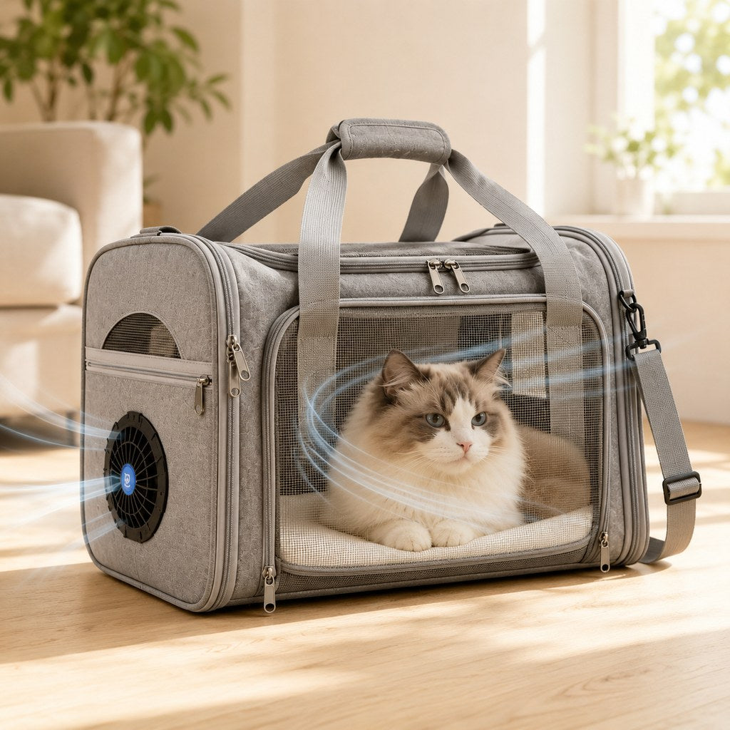 Cat Carrier with Fan for Vet Visits & Road Trips, Soft Sided