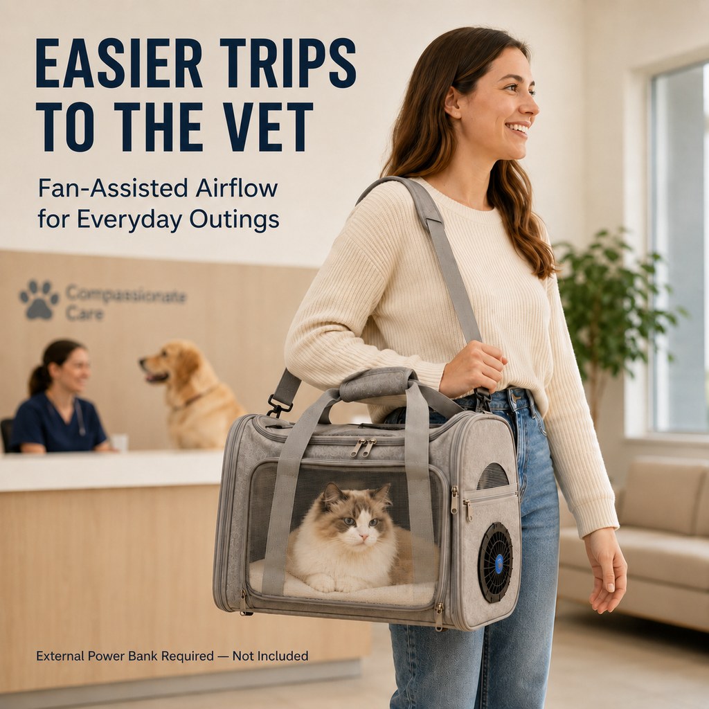 Cat Carrier with Fan for Vet Visits & Road Trips, Soft Sided