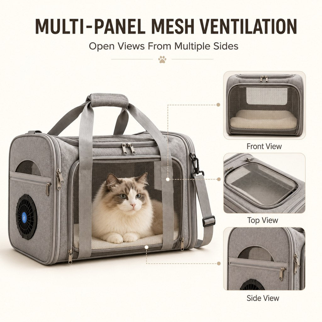Cat Carrier with Fan for Vet Visits & Road Trips, Soft Sided