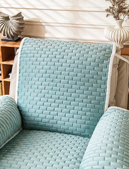 Mint green plush recliner cover close up