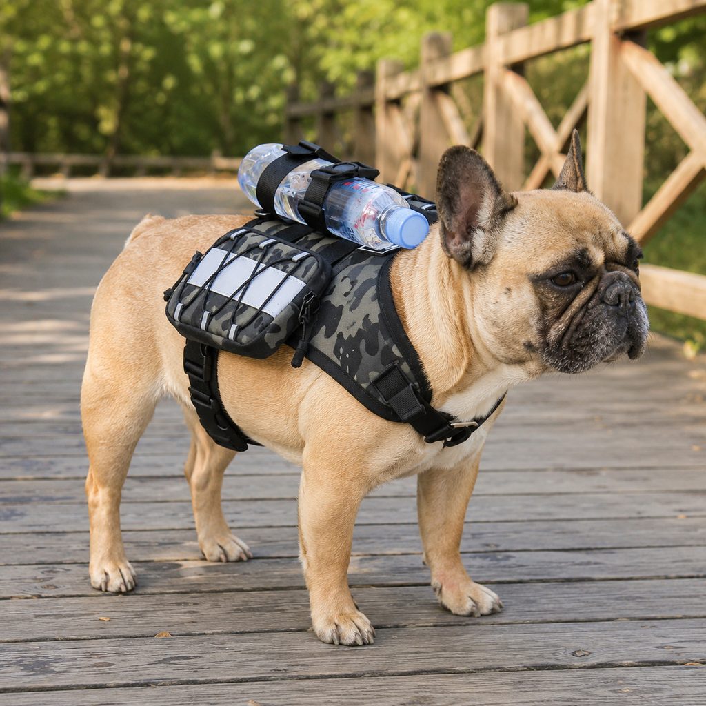 French Bulldog Harness, Tactical Vest Backpack with Bottle Holder