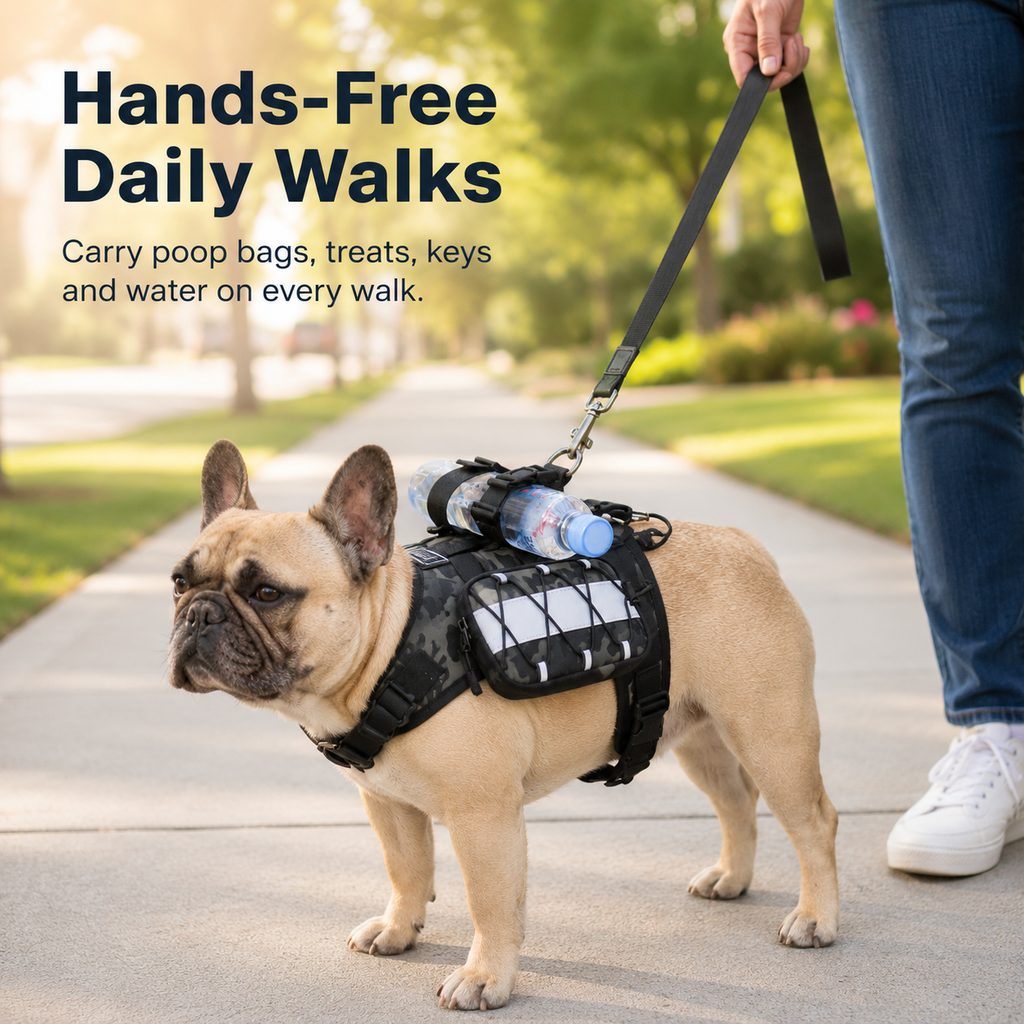 French Bulldog Harness, Tactical Vest Backpack with Bottle Holder