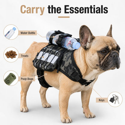 French Bulldog Harness, Tactical Vest Backpack with Bottle Holder