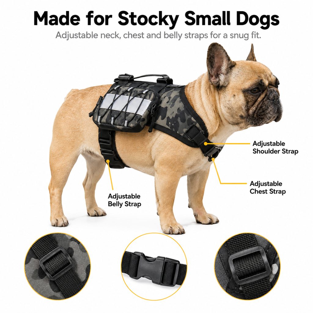 French Bulldog Harness, Tactical Vest Backpack with Bottle Holder