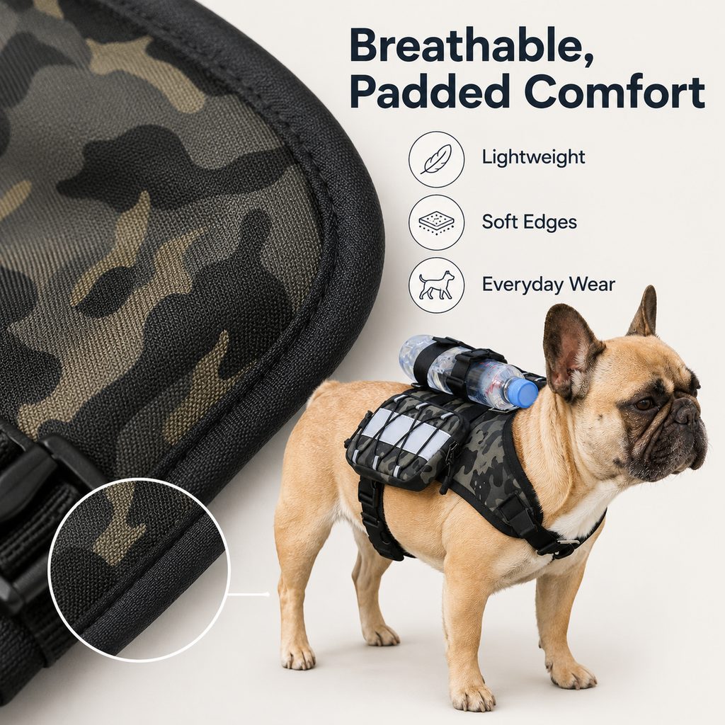 French Bulldog Harness, Tactical Vest Backpack with Bottle Holder