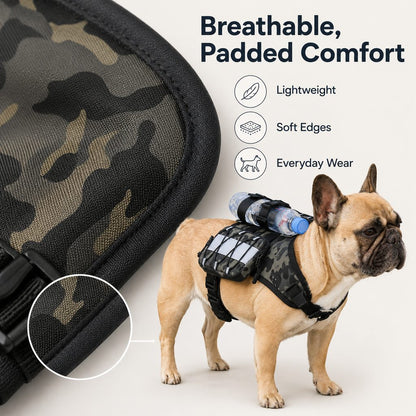 French Bulldog Harness, Tactical Vest Backpack with Bottle Holder