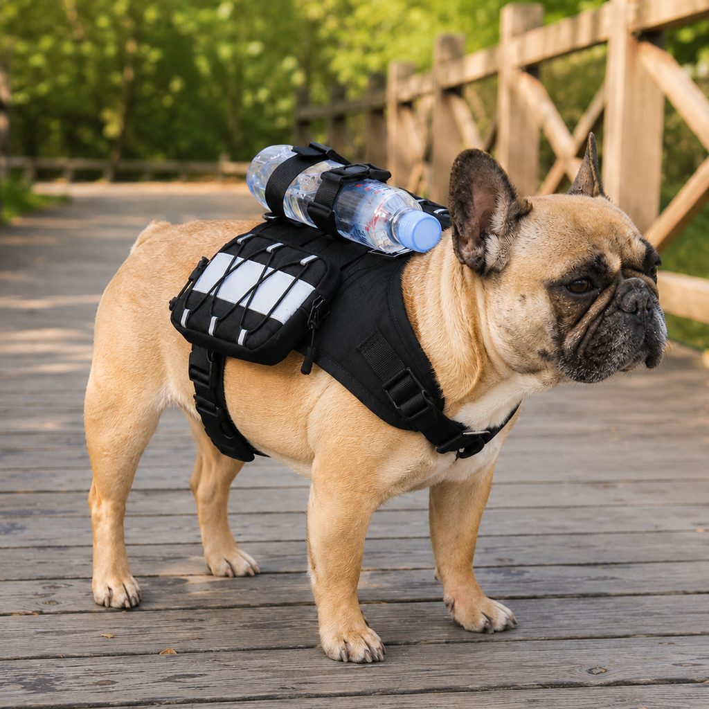 French Bulldog Harness, Tactical Vest Backpack with Bottle Holder
