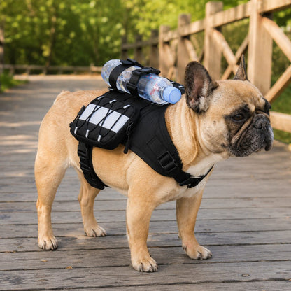 French Bulldog Harness, Tactical Vest Backpack with Bottle Holder