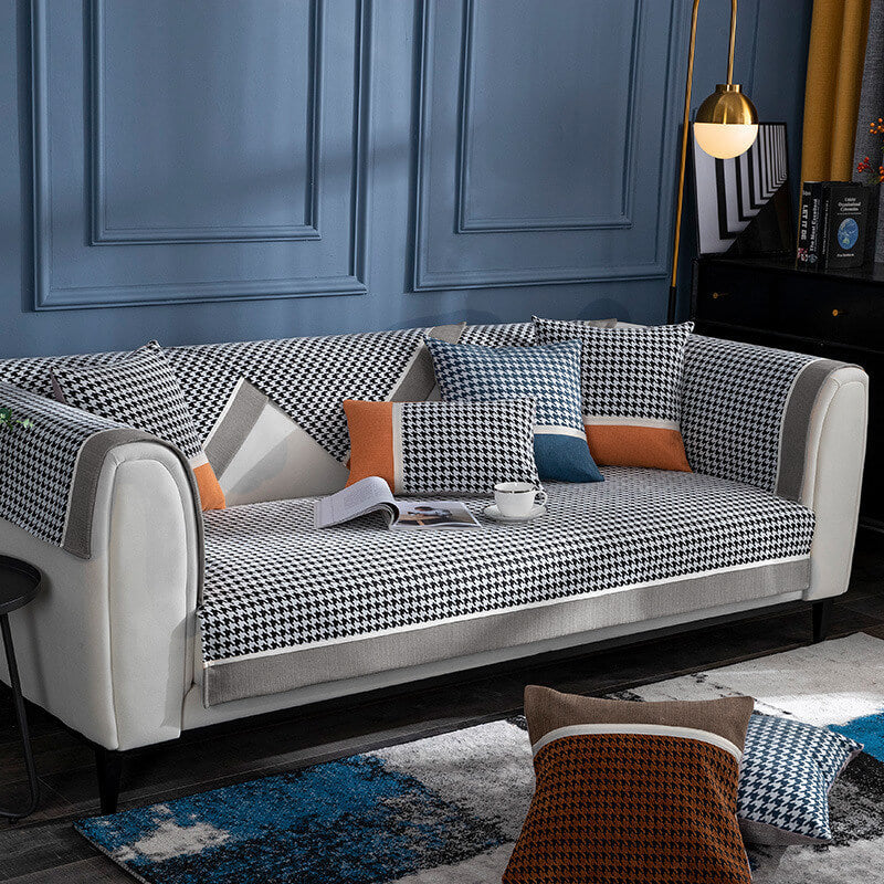 Classic Houndstooth Chenille Non-Slip Couch Cover - Plush Protection for Your Sofa