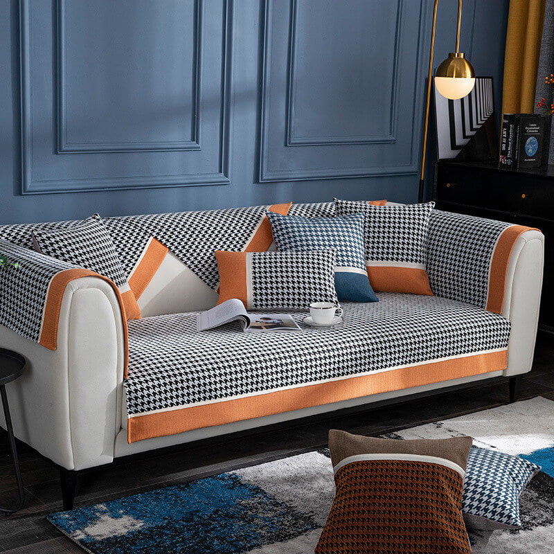 Classic Houndstooth Chenille Non-Slip Couch Cover - Plush Protection for Your Sofa