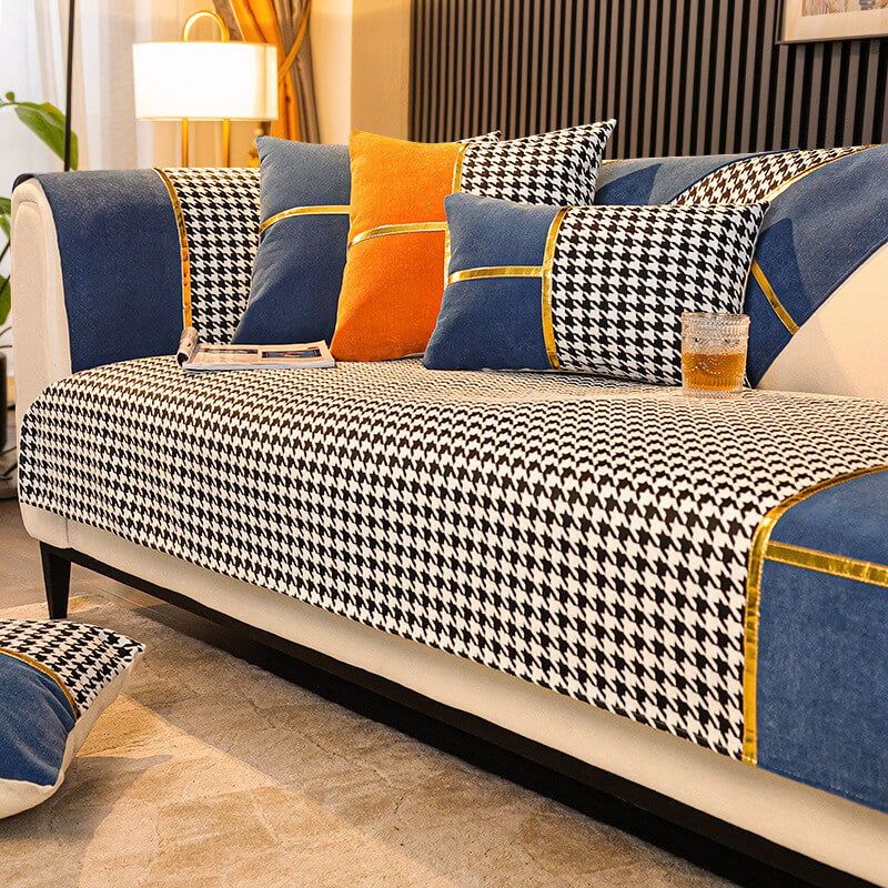 Classic Houndstooth Chenille Non-Slip Couch Cover - Plush Protection for Your Sofa