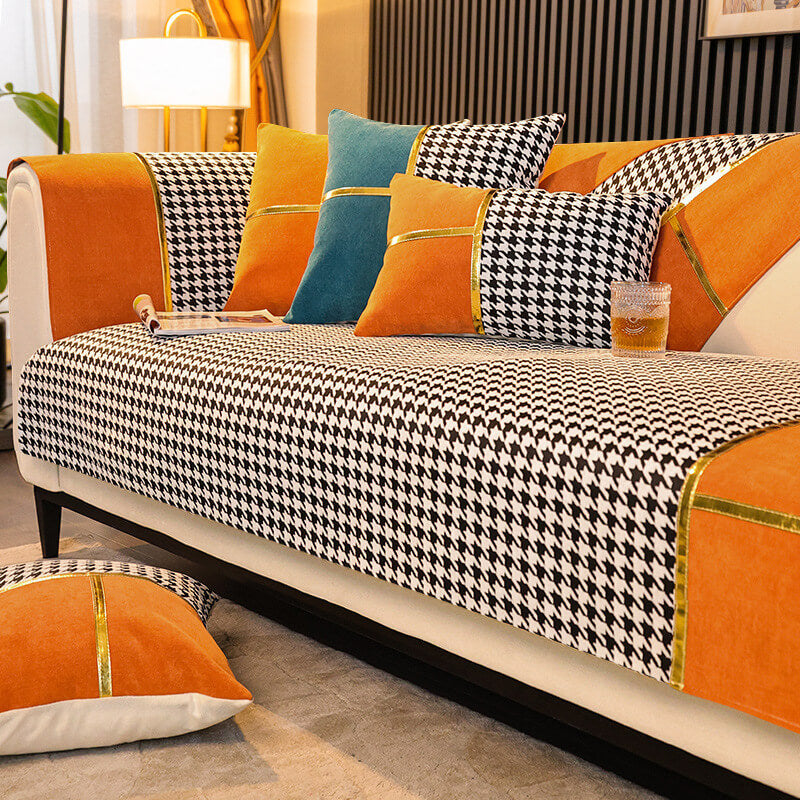 Classic Houndstooth Chenille Non-Slip Couch Cover - Plush Protection for Your Sofa
