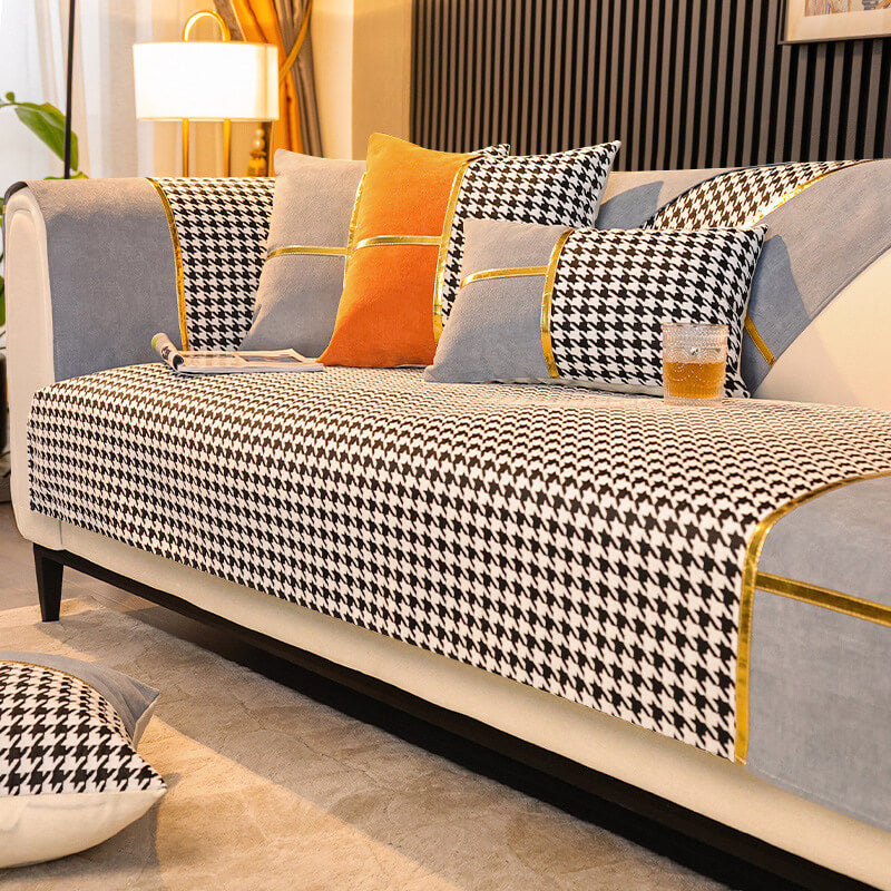 Classic Houndstooth Chenille Non-Slip Couch Cover - Plush Protection for Your Sofa