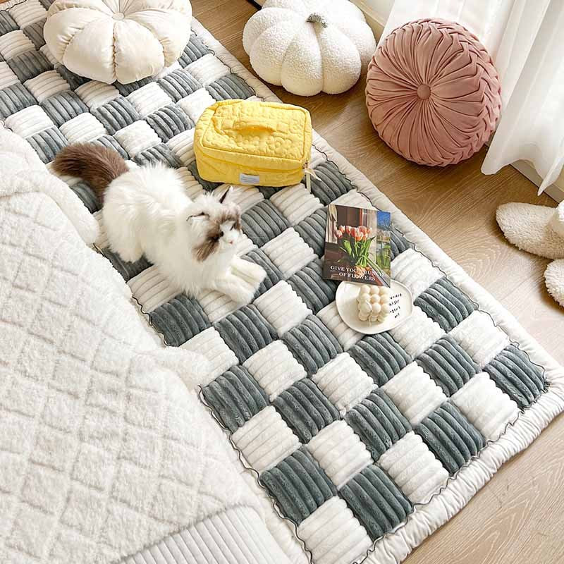 Cream-Colored Large Plaid Square Fuzzy Pet Mat - Multi-Use Bed and Couch Cover