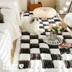 Cream-Colored Large Plaid Square Fuzzy Pet Mat - Multi-Use Bed and Couch Cover