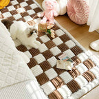 Cream-Colored Large Plaid Square Fuzzy Pet Mat - Multi-Use Bed and Couch Cover