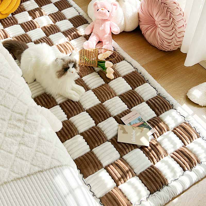 Cream-Colored Large Plaid Square Fuzzy Pet Mat - Multi-Use Bed and Couch Cover