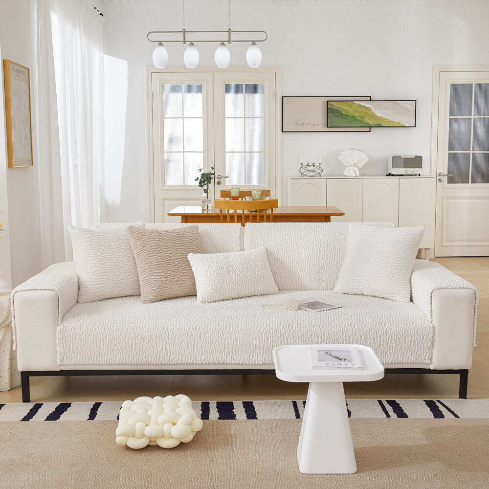 Cream Berber Fleece Anti-Scratch Sofa Cover - Plush, Durable Couch Protector