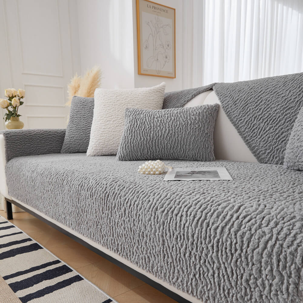 Cream Berber Fleece Anti-Scratch Sofa Cover - Plush, Durable Couch Protector