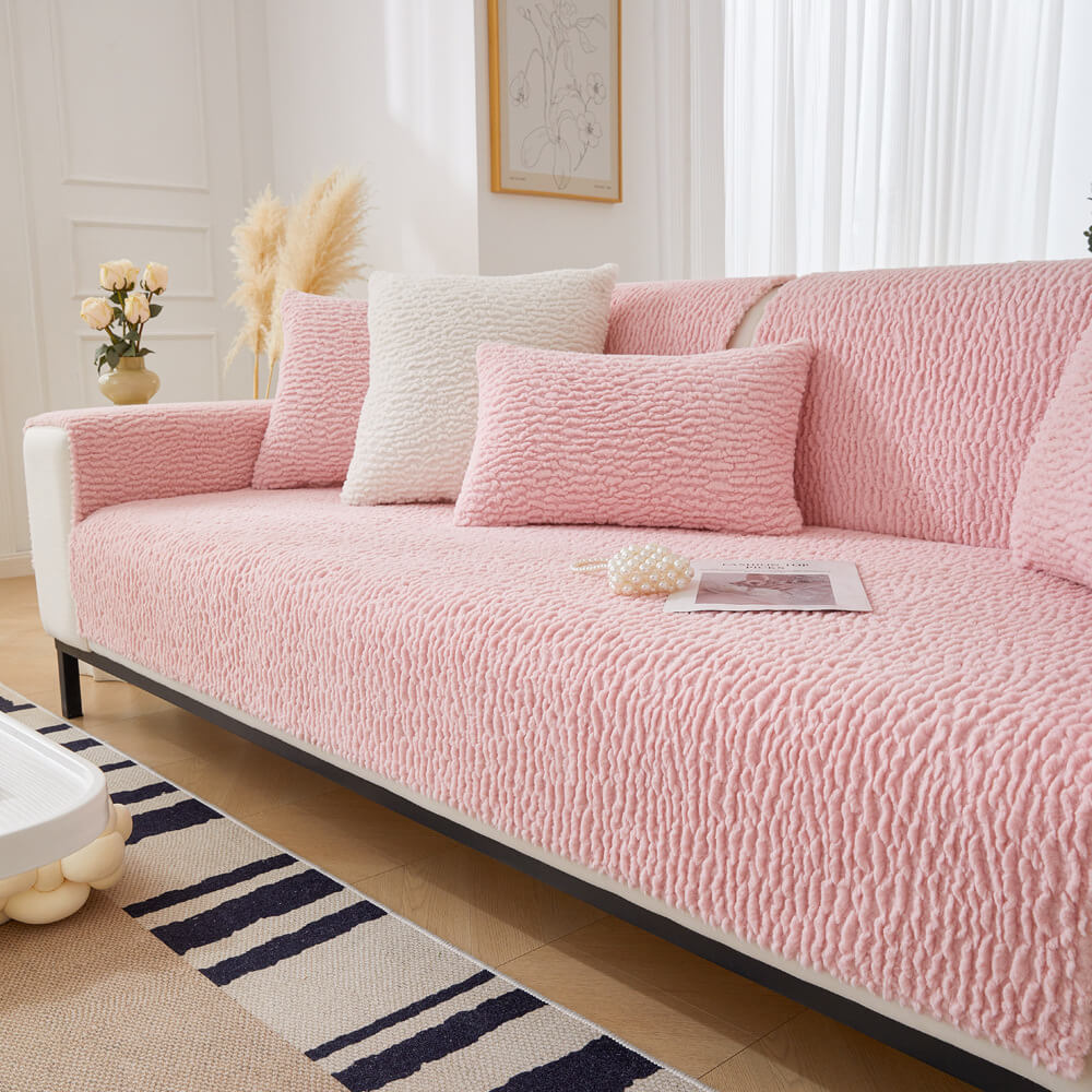 Cream Berber Fleece Anti-Scratch Sofa Cover - Plush, Durable Couch Protector