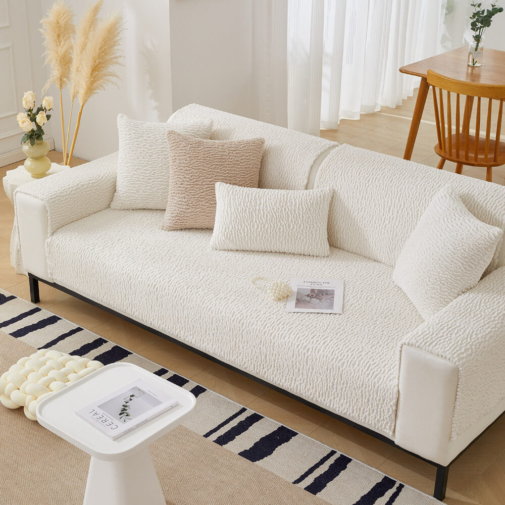 Cream Berber Fleece Anti-Scratch Sofa Cover - Plush, Durable Couch Protector