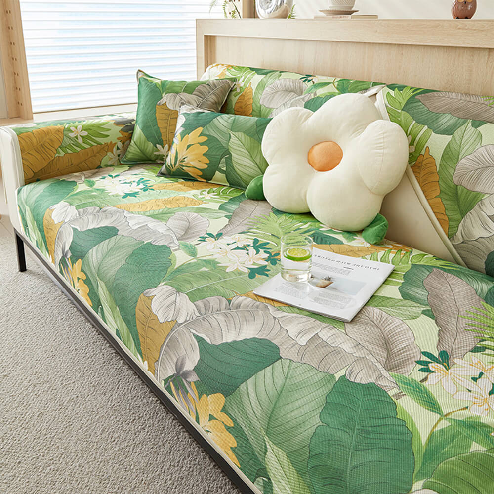 Cooling Tropical Leaves Non-Slip Sectional Couch Cover