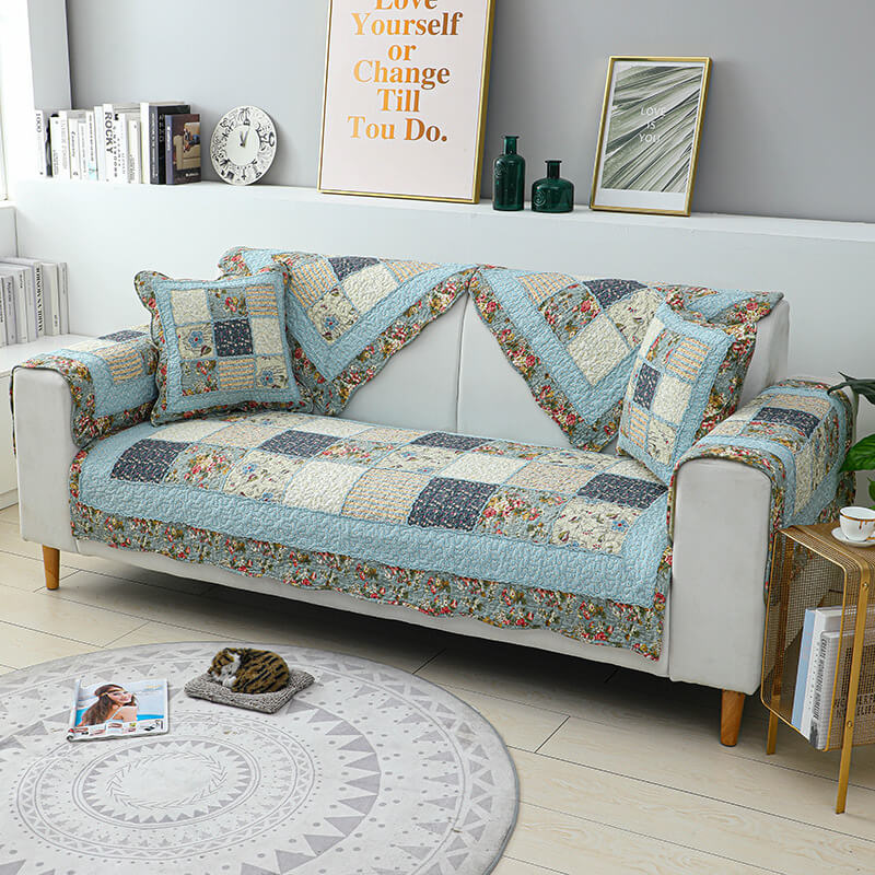 Chic Vintage Floral Plaid Cotton Couch Slipcover