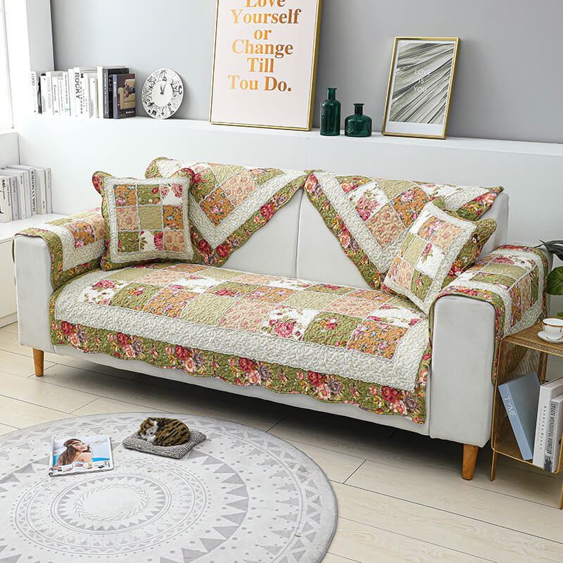 Chic Vintage Floral Plaid Cotton Couch Slipcover