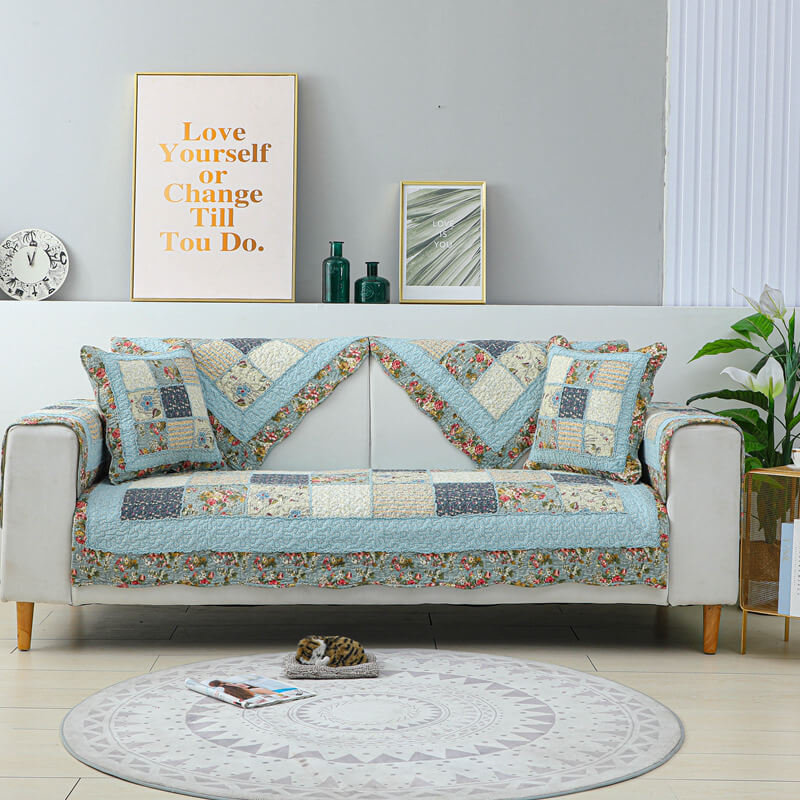 Chic Vintage Floral Plaid Cotton Couch Slipcover