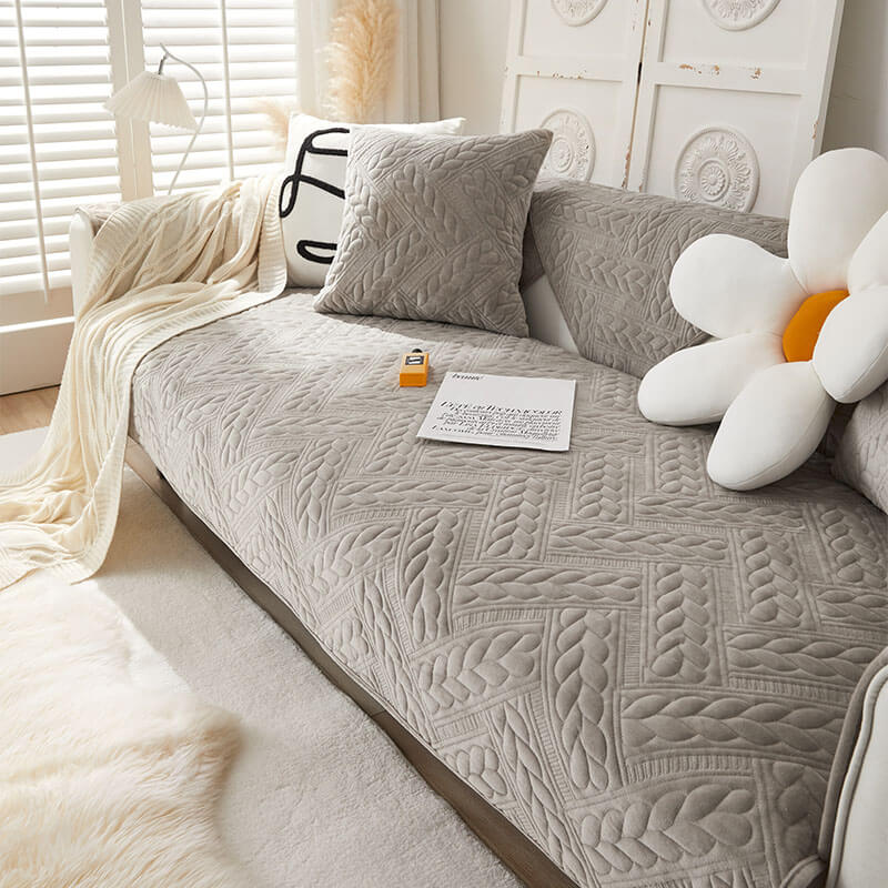 Cozy Crystal Velvet Wheat-Pattern Embroidery Non-Slip Sofa Cover