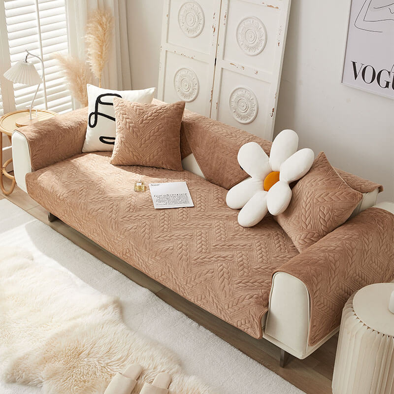 Cozy Crystal Velvet Wheat-Pattern Embroidery Non-Slip Sofa Cover