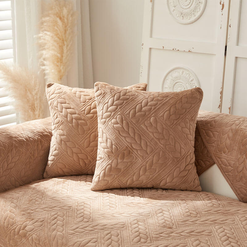 Cozy Crystal Velvet Wheat-Pattern Embroidery Non-Slip Sofa Cover
