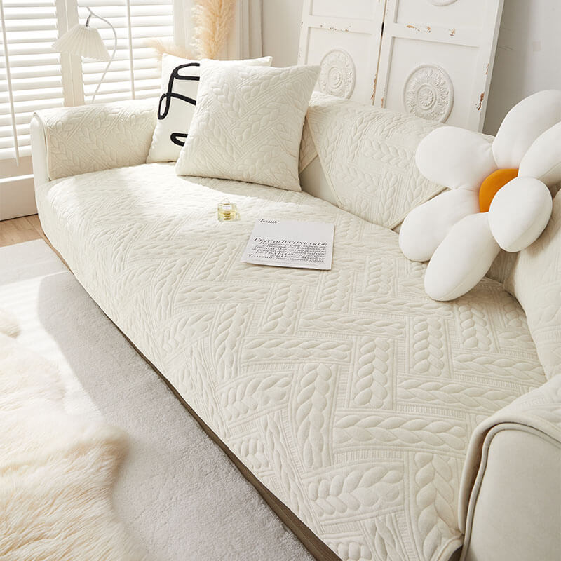 Cozy Crystal Velvet Wheat-Pattern Embroidery Non-Slip Sofa Cover