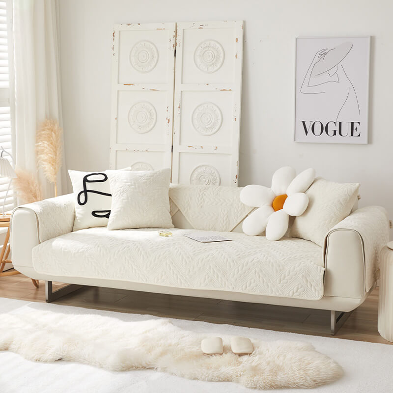 Cozy Crystal Velvet Wheat-Pattern Embroidery Non-Slip Sofa Cover