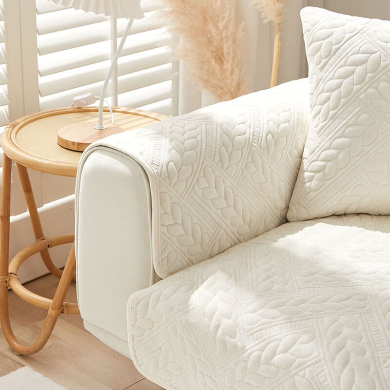 Cozy Crystal Velvet Wheat-Pattern Embroidery Non-Slip Sofa Cover